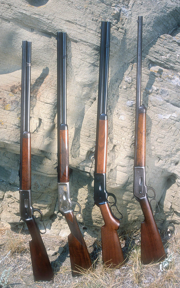 Winchester’s first successful big-bore, black-powder rifle was the Model 1886. Examples are (left to right): .45-70, .45-90, .45-70 (modern Winchester reproduction) and .50-110.